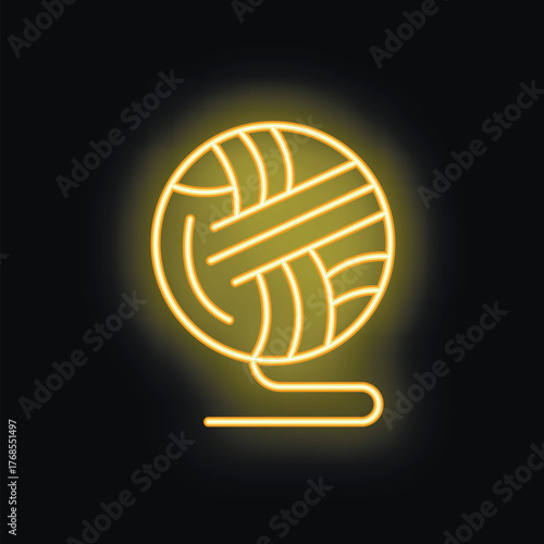 Neon sign of yarn ball glowing on dark background, concept of knitting or crochet
