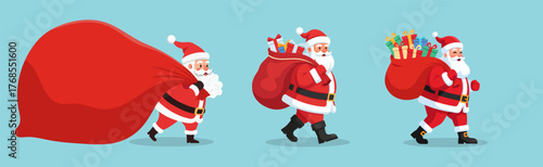 Cartoon Santa Claus bring with sack of gifts set Cute and festive holiday character bringing joy and magic for kids Vector illustration for greeting card, poster, sticker, winter celebration design