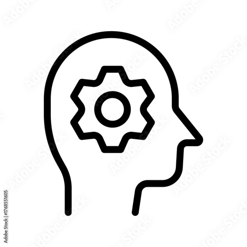 Mind settings icon, head with gear thinking outline