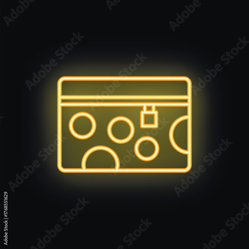Glowing neon icon of a wallet with round details and a lock on a black background