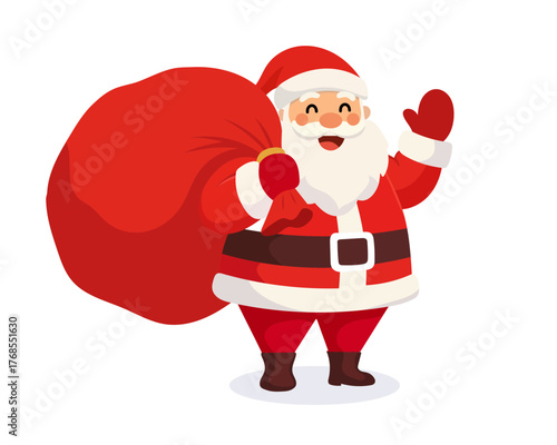 Cartoon Santa Claus bring with sack of gifts.