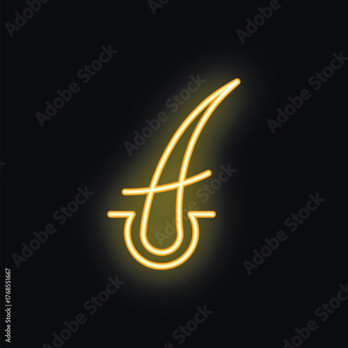 Golden neon icon of a hair follicle glowing on a dark background