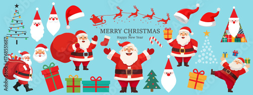 Merry Christmas and Happy New Year decoration set. Trendy minimal flat christmas icon design elements. Christmas tree, santa hat and more decorations. Flat style.