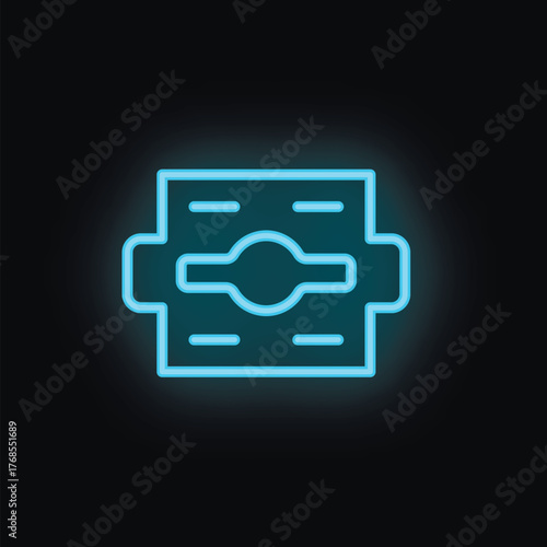 Blue neon icon of a safe glowing on a dark background