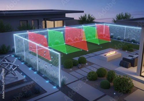 Modern backyard with illuminated led canopy and stylish outdoor seating at dusk