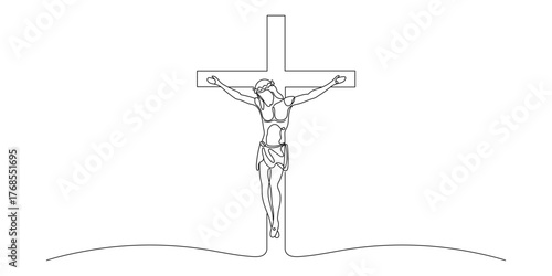 continuous line art of Jesus Christ. one line drawing of lord Jesus being crucified on the cross. line art of crucifixion event of Jesus Christ. vector illustration. Editable stroke