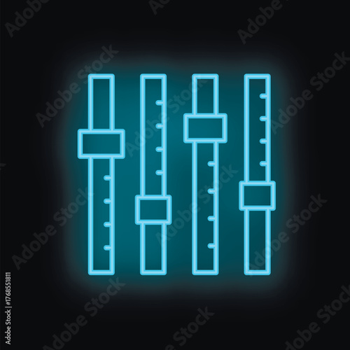 Neon blue icon of an audio mixing board with faders glowing on a black background