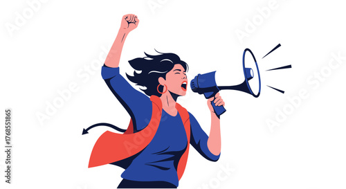 Illustration of a woman with a megaphone raising her fist in protest or announcement.