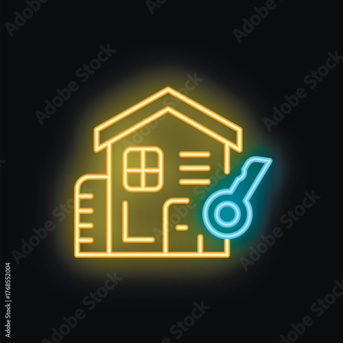 Neon sign showing a house with a key, symbolizing the concept of real estate and homeownership