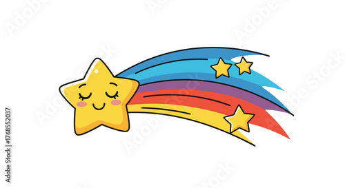 Cute cartoon shooting star with a rainbow trail and smaller stars.