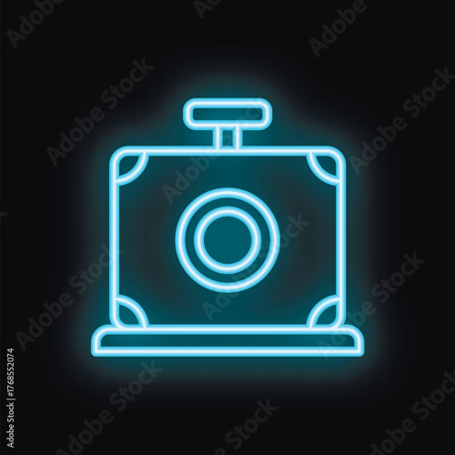 Blue neon icon of a vintage photo camera glowing on a black background