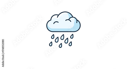 A cute, cartoon cloud raining water droplets on a white background; weather icon.