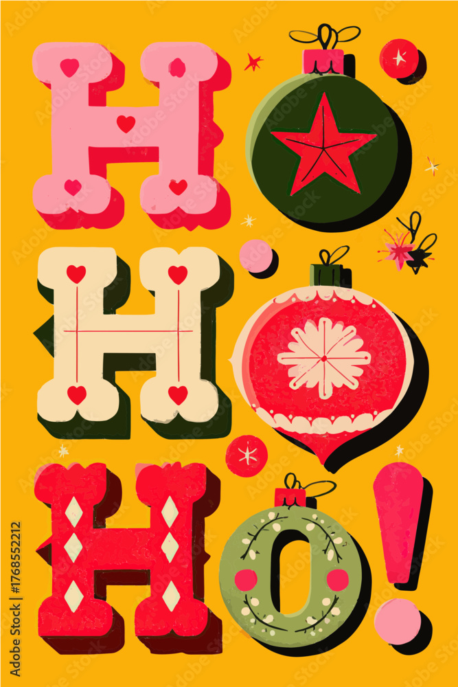 Obraz premium Colorful holiday decorations with cheerful letters spelling ho ho ho displayed on a bright yellow background