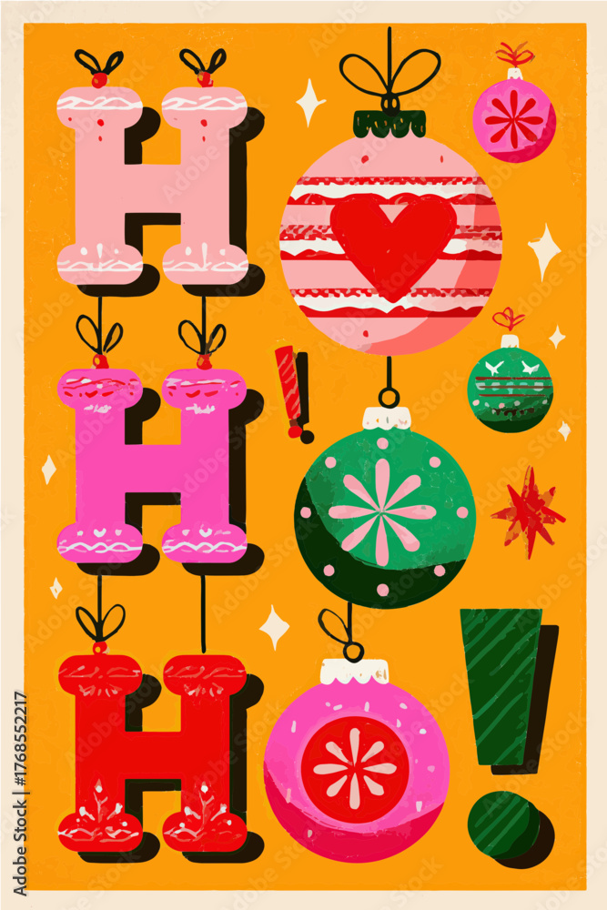 Obraz premium Colorful holiday decorations with cheerful letters spelling ho ho ho displayed on a bright yellow background
