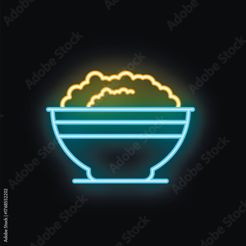 Neon food icon of a bowl overflowing with food, ideal for restaurants, menus, and food blogs