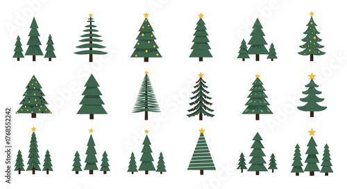 A variety of stylized Christmas trees with yellow stars on top arranged in rows.