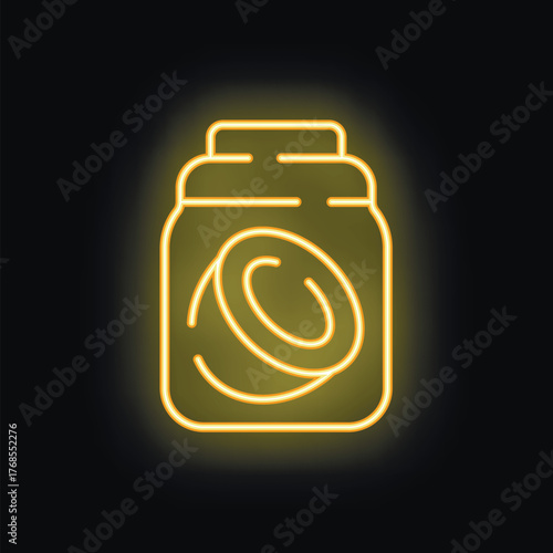 Glowing yellow neon sign of a jar of coconut oil is depicted on a black background