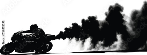 Silhouette of a vintage motorcycle rider with smoke coming from the exhaust, isolated on white background the rider is wearing a helmet