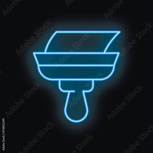 Blue neon sign of a paint brush glowing on a dark background