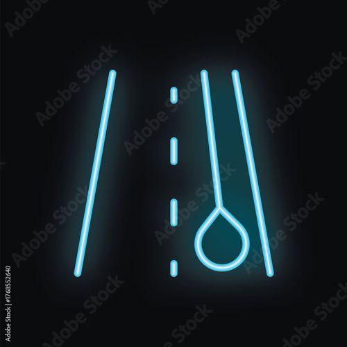 Neon blue road closed sign indicating a detour or roadblock with a barrier blocking the road