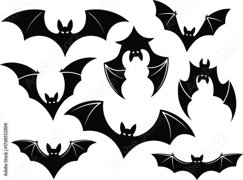 Flying black bat silhouettes collection, spooky Halloween bat shapes, scary nocturnal creatures illustration, gothic vampire animal design, horror night vector art