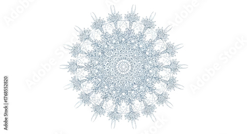 Intricate light blue snowflake mandala design element, a circular geometric pattern for winter holidays, isolated on a white background vector illustration