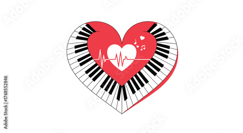 Heart shaped piano keys with a heart rate line inside a red heart shape.