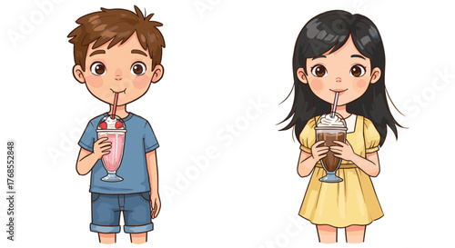 Children eating bread rolls, cartoon kids snack time, crumbs on ground, joyful food moment, red dress, yellow shirt, playful illustration