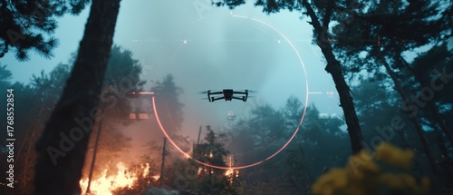 Aerial drone surveying smoke-filled forest landscape during wildfire crisis with advanced technology showcasing environmental monitoring and disaster response strategies