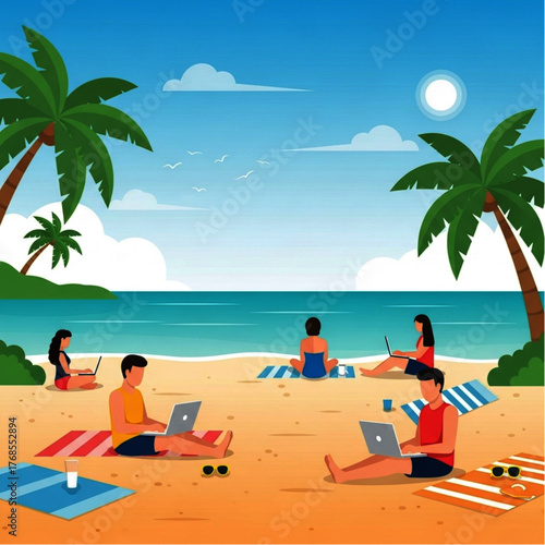ai generative Vector scene of people working remotely with laptop, tropical beach background, minimal flat style.
