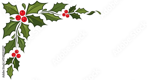 Decorative Christmas holly and berry corner element, a festive winter holiday border design vector illustration