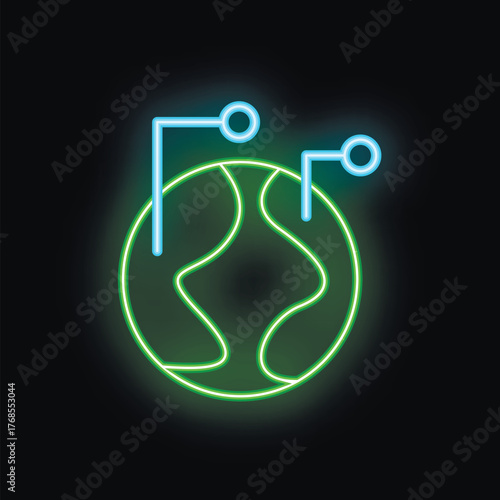 Bright green neon sign in the shape of planet earth with blue lines connecting it to the network
