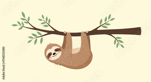 Cute cartoon sloth hanging from a tree branch with green leaves against a pale yellow background.