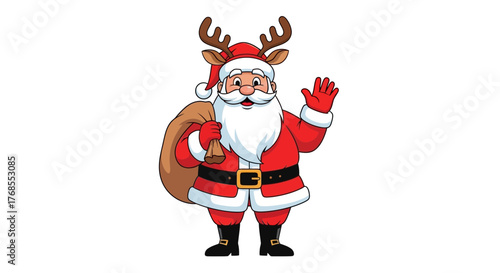 Vector Illustration Santa Claus with Reindeer Antlers Waving and Carrying a Sack of Gifts