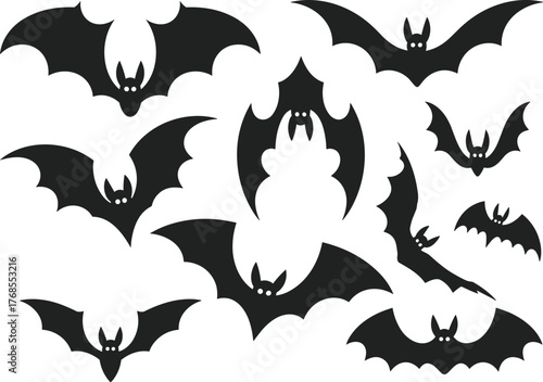 Flying black bat silhouettes collection, spooky Halloween bat shapes, scary nocturnal creatures illustration, gothic vampire animal design, horror night vector art
