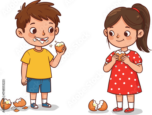 Children eating bread rolls, cartoon kids snack time, crumbs on ground, joyful food moment, red dress, yellow shirt, playful illustration
