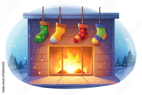Warm colorful socks hanging near glowing fireplace with snowy view through window symbolizing cozy winter evenings.