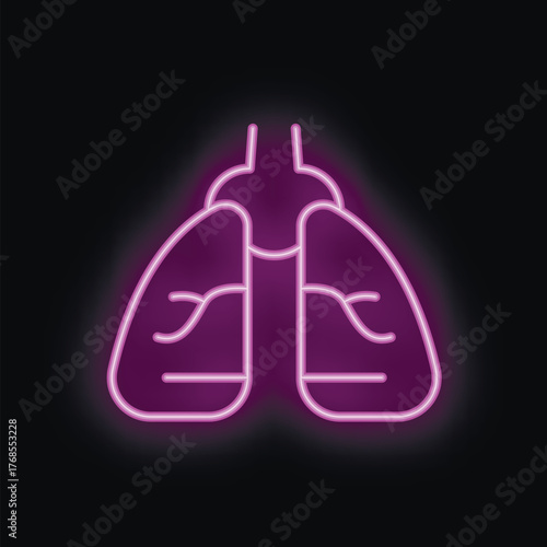 Neon icon of human lungs glowing purple on a dark background