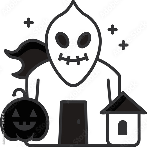Spooky but cozy theme halloween lifestyle combo outline icon vector on white background 
