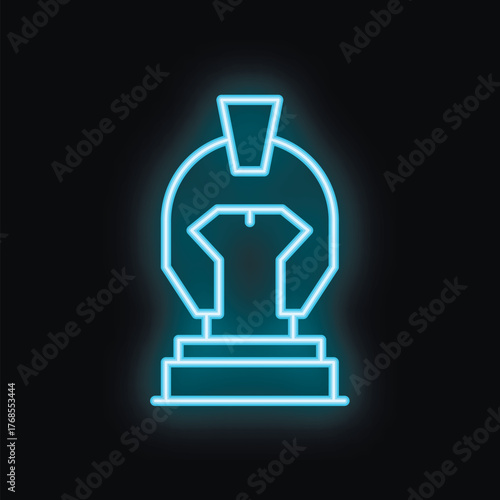 Blue neon sign representing a spartan helmet on a black background, perfect for conveying concepts of strategy, security, and invincibility