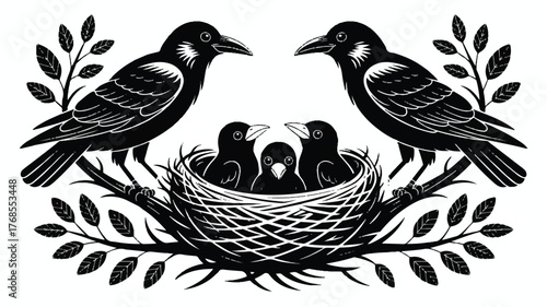 A black and white illustration of a bird family scene with two adult crows and three baby crows in their nest.  
