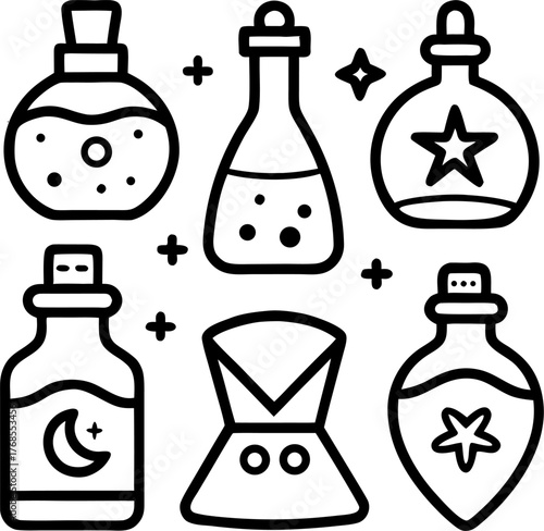 Witch Potion Bottle Collection Vector Set outline icon on white background 