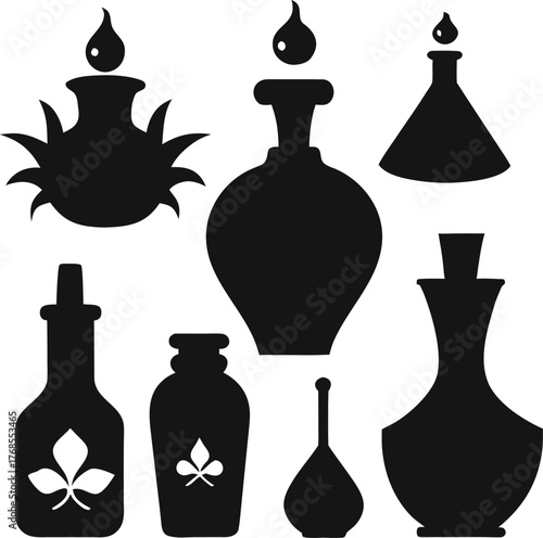 Witch Potion Bottle Collection Vector Set outline icon on white background 