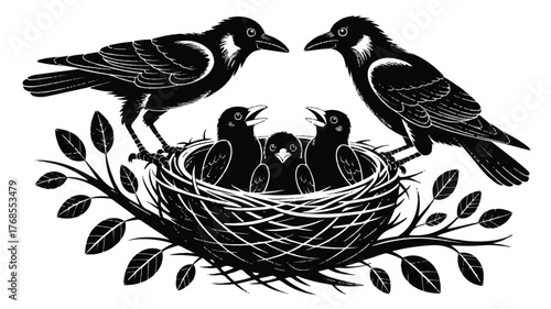 A black and white illustration of a bird family scene with two adult crows and three baby crows in their nest.  
