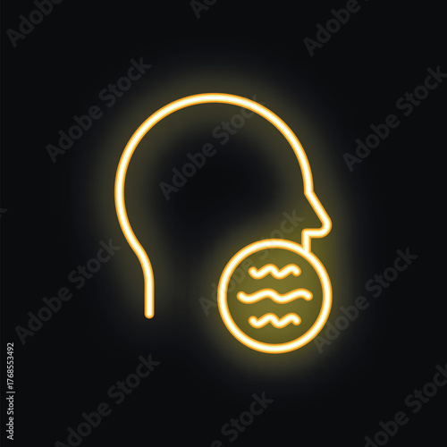 Yellow neon sign representing nausea feeling with human head silhouette on a black background