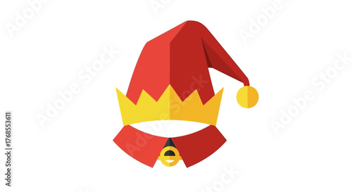 Jester hat with crown vector icon. Flat design of a colorful fool's cap with a collar and bell, isolated on a white background