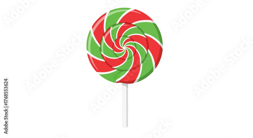 Vector illustration of a classic red and green Christmas swirl lollipop candy on a stick, isolated on a white background