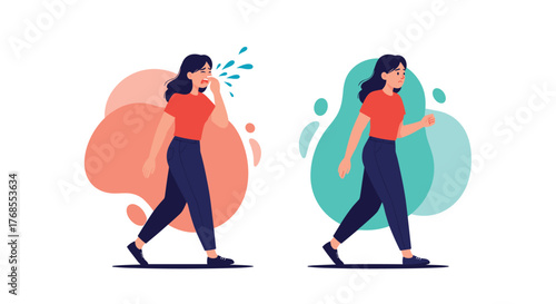 Woman sneezing and coughing, then walking healthily with blue and coral abstract shapes.