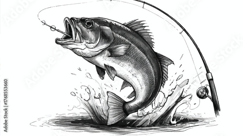 A black and white illustration of a large mouth bass leaping out of water, caught on a fishing rod.  
