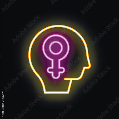 Neon sign representing the concept of feminism with a female symbol glowing inside a human head profile
